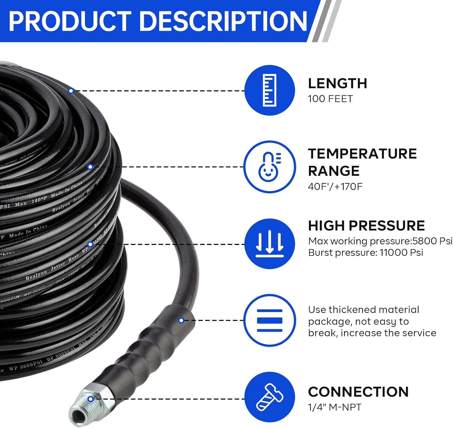 Sewer Jetter Kit 100FT for Pressure Washer, Pressure Washer Drain Jetter with 5800PSI Cleaner Hose 1/4 Inch NPT, Corner, Rotating & Button Nose Sewer Jetting Nozzle Spanner Waterproof Tape Pearl Pin