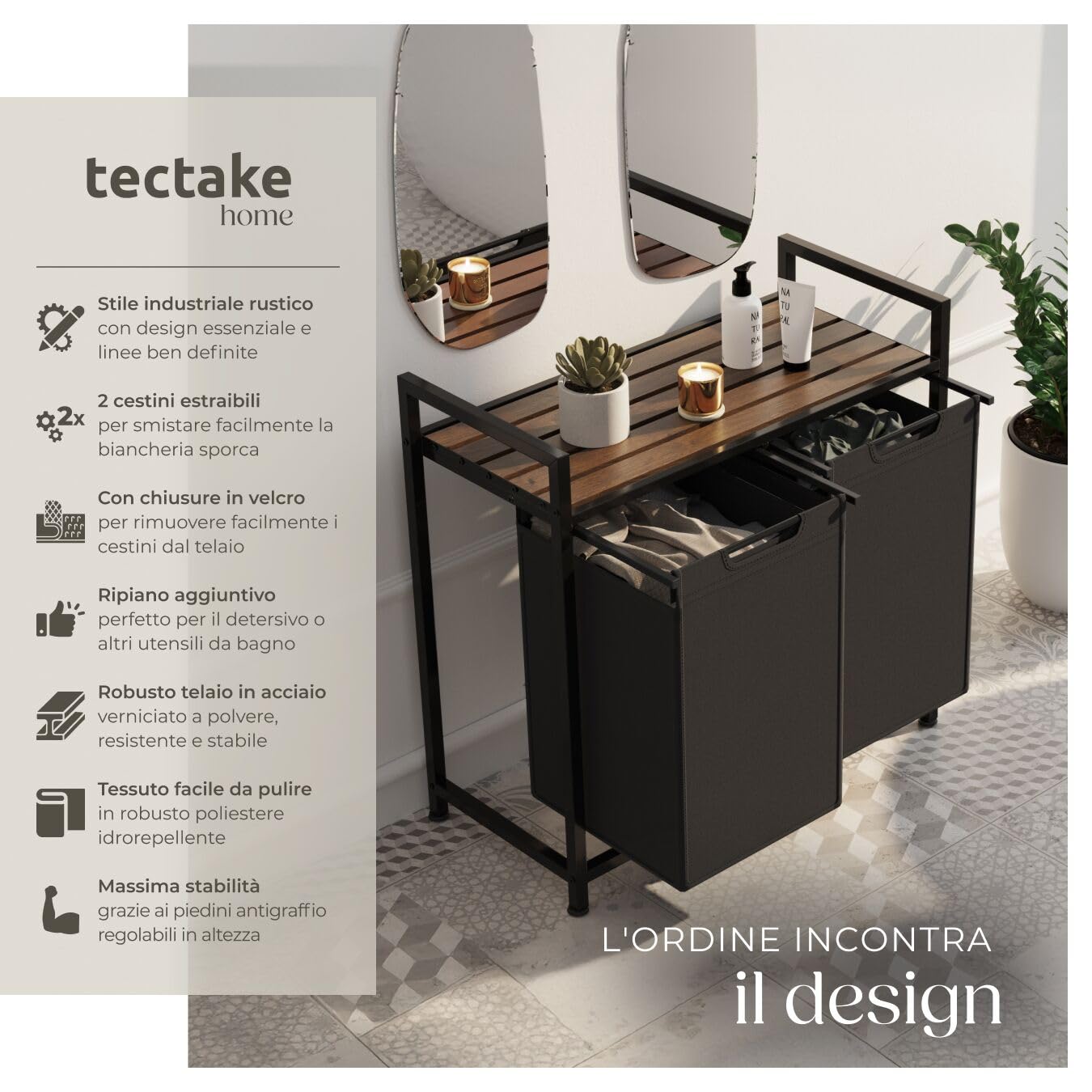 tectake® Cesto per Biancheria con Ripiano Effetto Legno, Cesto Portabiancheria con Sacchi Estraibili, Porta Biancheria con Struttura in Acciaio, Regolabile, Design Industriale - 34x74x72 cm