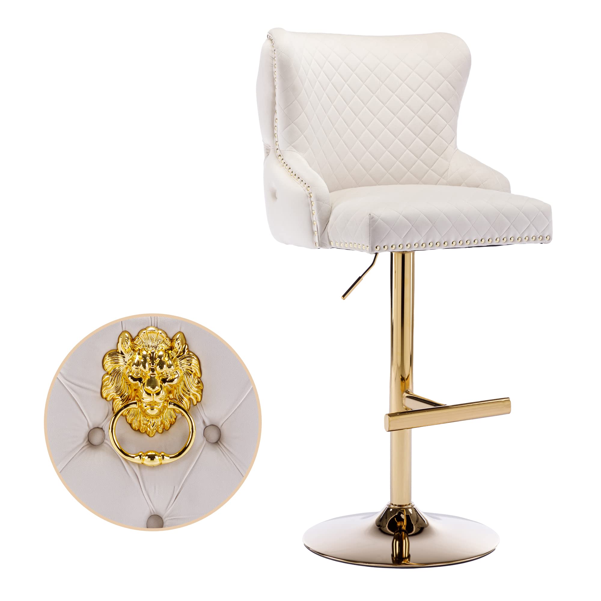 KCC Modern Barstools Counter Height - Adjustable Swivel Bar Chair with High Tufted Backrest Chrome Base Lion Head Pull Ring for Kitchen Island Restaurant Pub Counter, Beige&1 PC