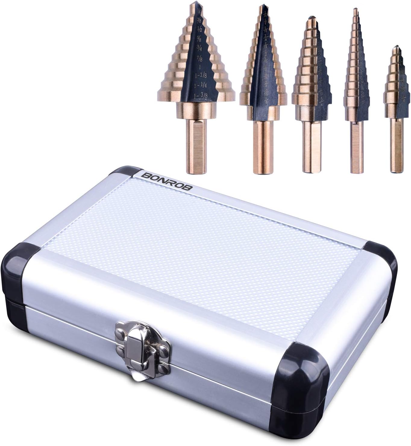 5PCS HSS Cobalt Titanium Step Drill Bit Set Tools, High Speed Steel Total 50 Sizes with Aluminum Case