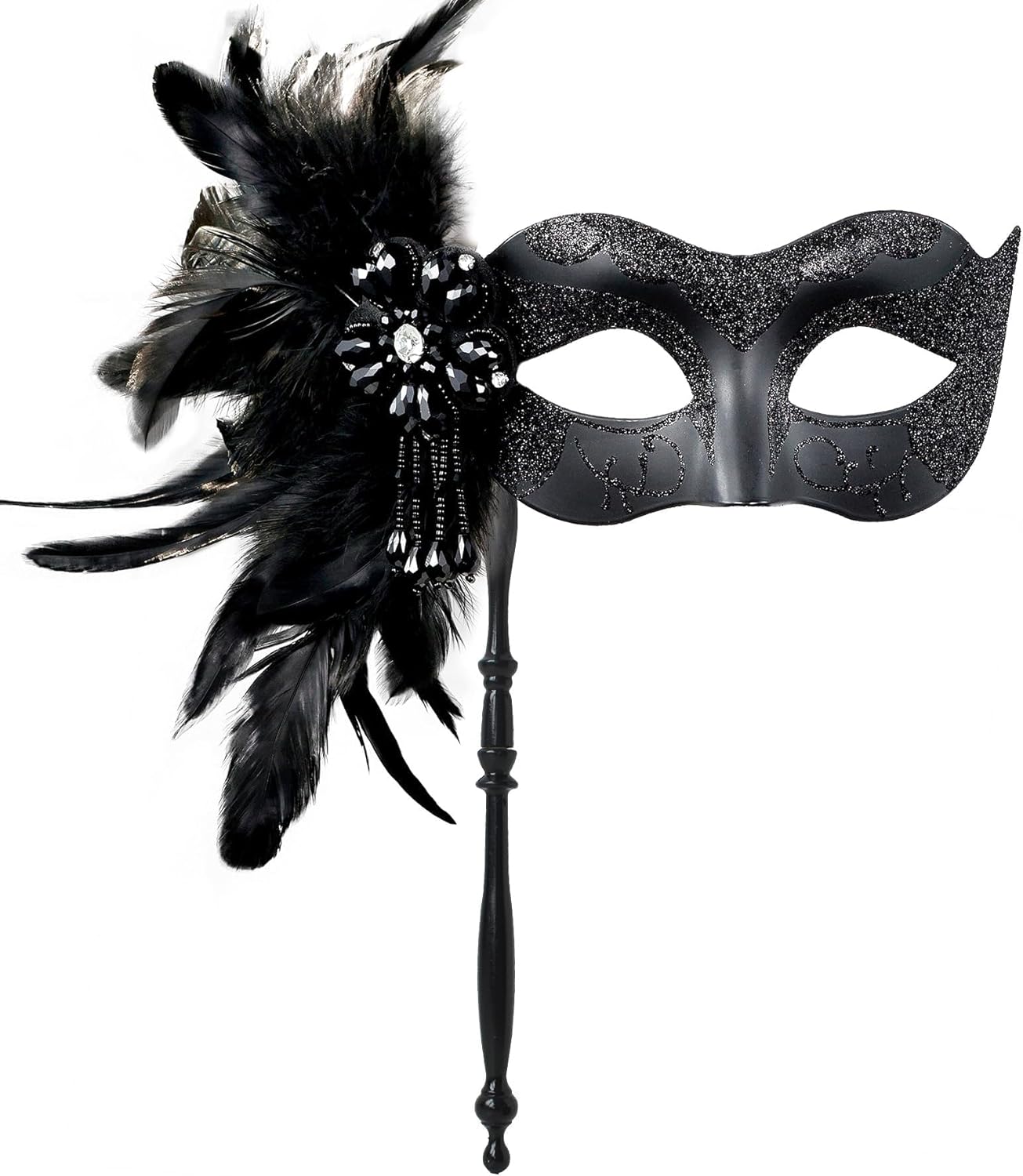 2025 New Masquerade Mask for Women with Stick - Shiny Women's Feather Mardi Gras Venetian Mask for Costume Accessory