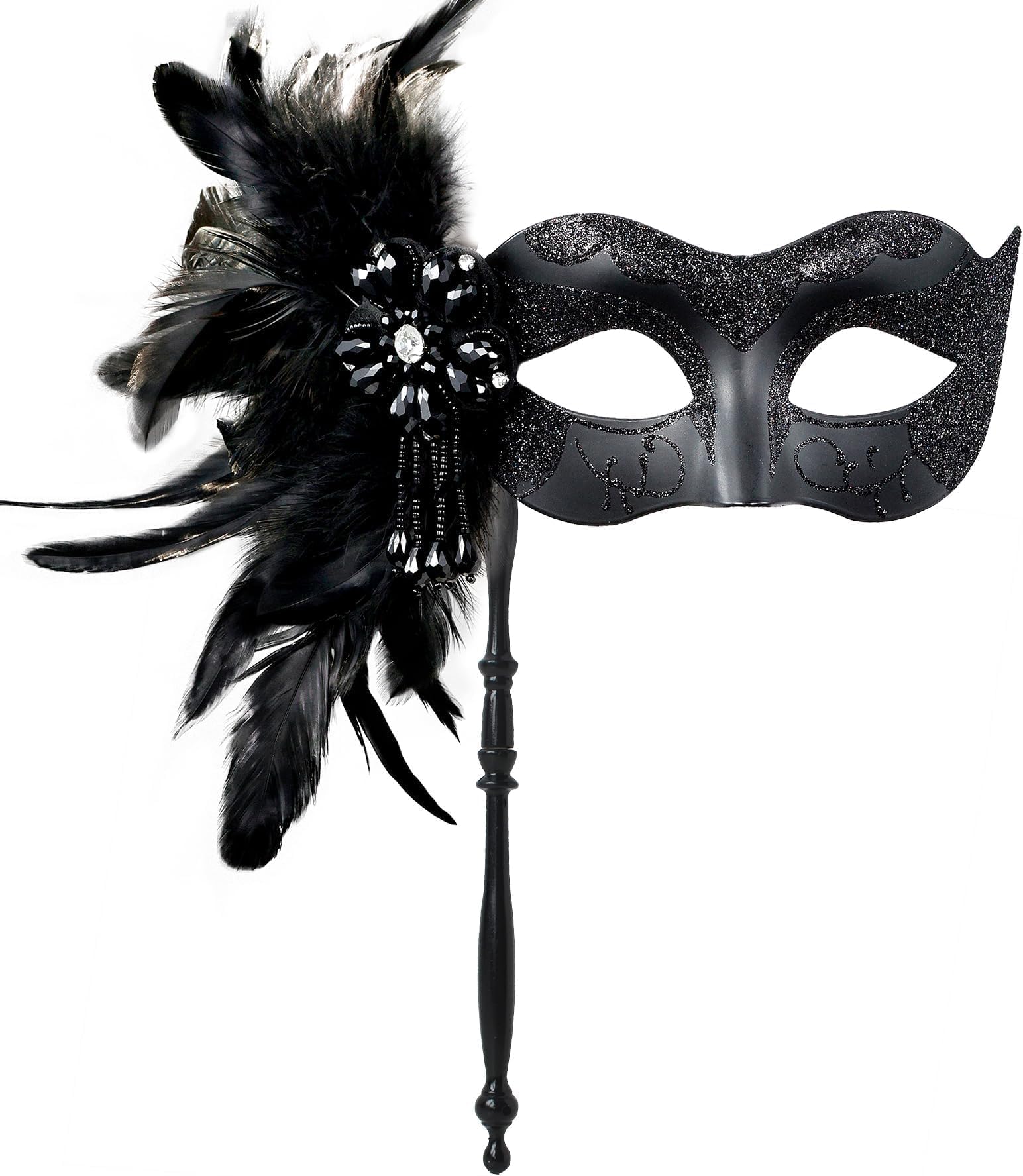 MYSEUNI 2024 New Masquerade Mask for Women with Stick - Shiny Women's Feather Mardi Gras Venetian Mask for Costume Accessory