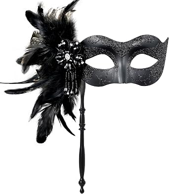 MYSEUNI 2025 New Masquerade Mask for Women with Stick - Shiny Womens Feather Mardi Gras Venetian Mask for Costume Accessory