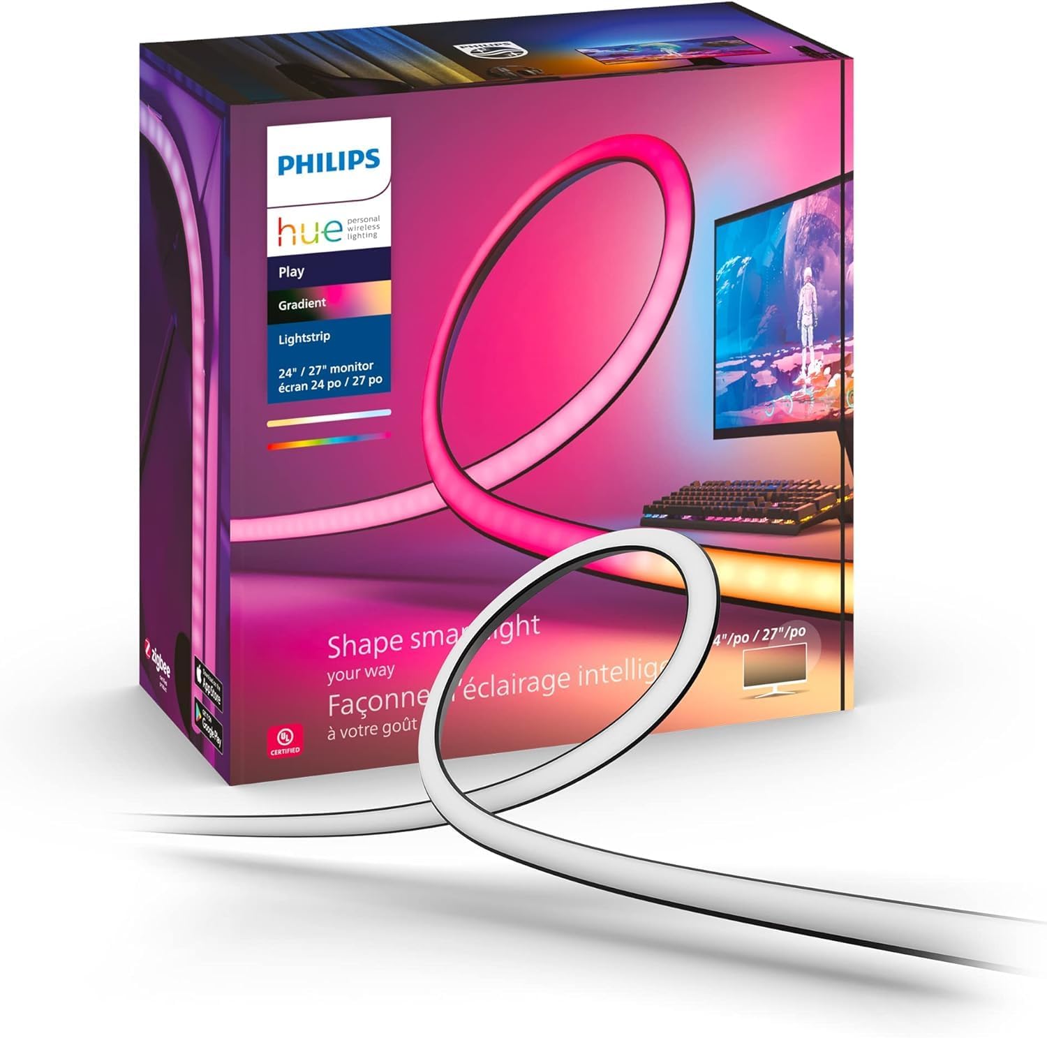 White and Color Ambiance Gradient PC LED Lightstrip for 24'' to 27'' Monitors Requires Hue Hub, Compatible with Alexa, HomeKit, and Google Assistant, Black (578294)