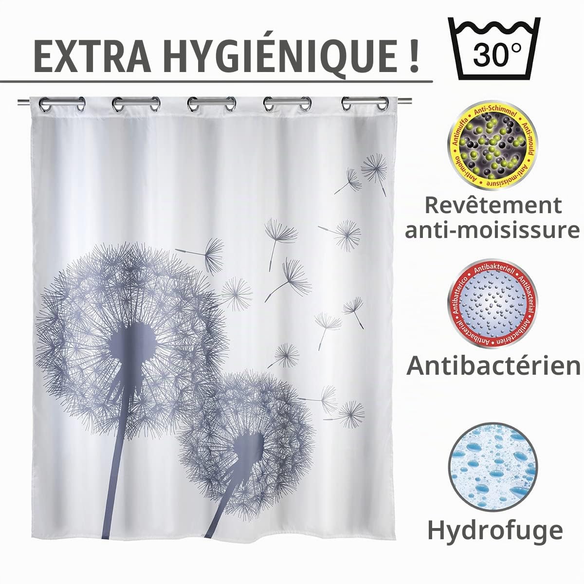 WENKO Rideau de Douche Anti-moisissure Flex Astera - antibactérien, Lavable, Anneaux intégrés, Polyester, 180 x 200 cm, Blanc