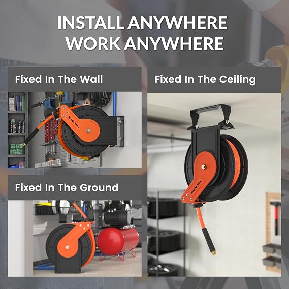 Giraffe Tools Retractable Air Hose Reel 15M, Heavy Duty 3/8 Air Line with 1/4 Quick Connect, Max 300 PSI for Air Tools, Garage, Workshop