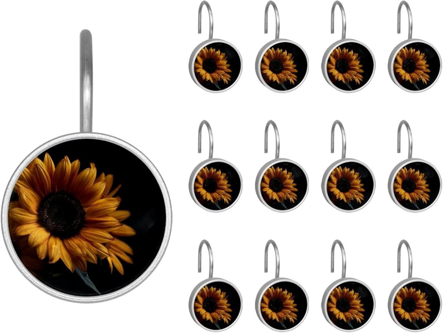 Shower Curtain Rings, Stainless Steel Glass Resin Shower Curtain Rod Hooks, Sunflower Flowers Dark Color Background Curtain Rod Hooks for Bathroom, Bedroom, Farmhouse Decor, Set of 12