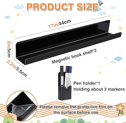 Miniatura 3 de 2 estantes magnéticos para pizarra blanca, estante magnético de acrílico reutilizable de 17 pulgadas con un soporte para bolígrafo, estante de