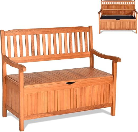 Giantex Wooden Outdoor Bench, Outside Deck Box with Seating, 800 lbs Capacity, Dustproof Liner, Wood Storage Loveseat for Pool Front Porch Garden Lawn Decor, Eucalyptus Patio Bench