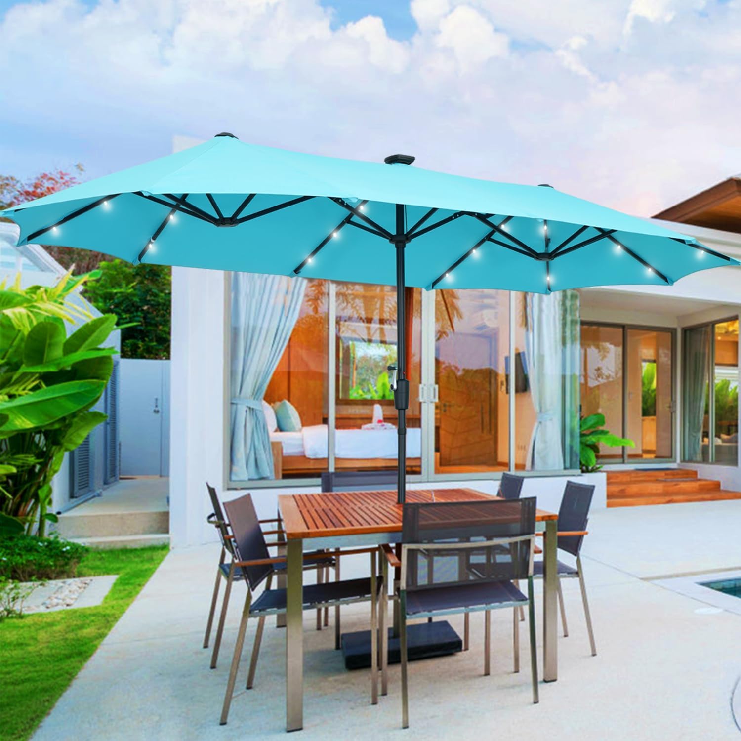 Patio Umbrella, 13/15FT Large Double Sided Outdoor Umbrella with Solar Lights for Pool Garden Deck and Backyard - Pole Diameter 1.9 Inches 15FT-Blue