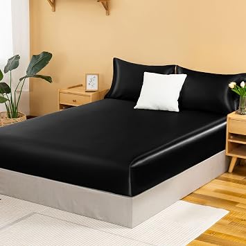 NSGZ Satin Fitted Sheet Twin, Single Silky Fitted Sheet Only Soft Deep Pocket Bottom Bed Sheets, Wrinkle Free & Fade Resistant & Breathable Bottom Sheets- Black