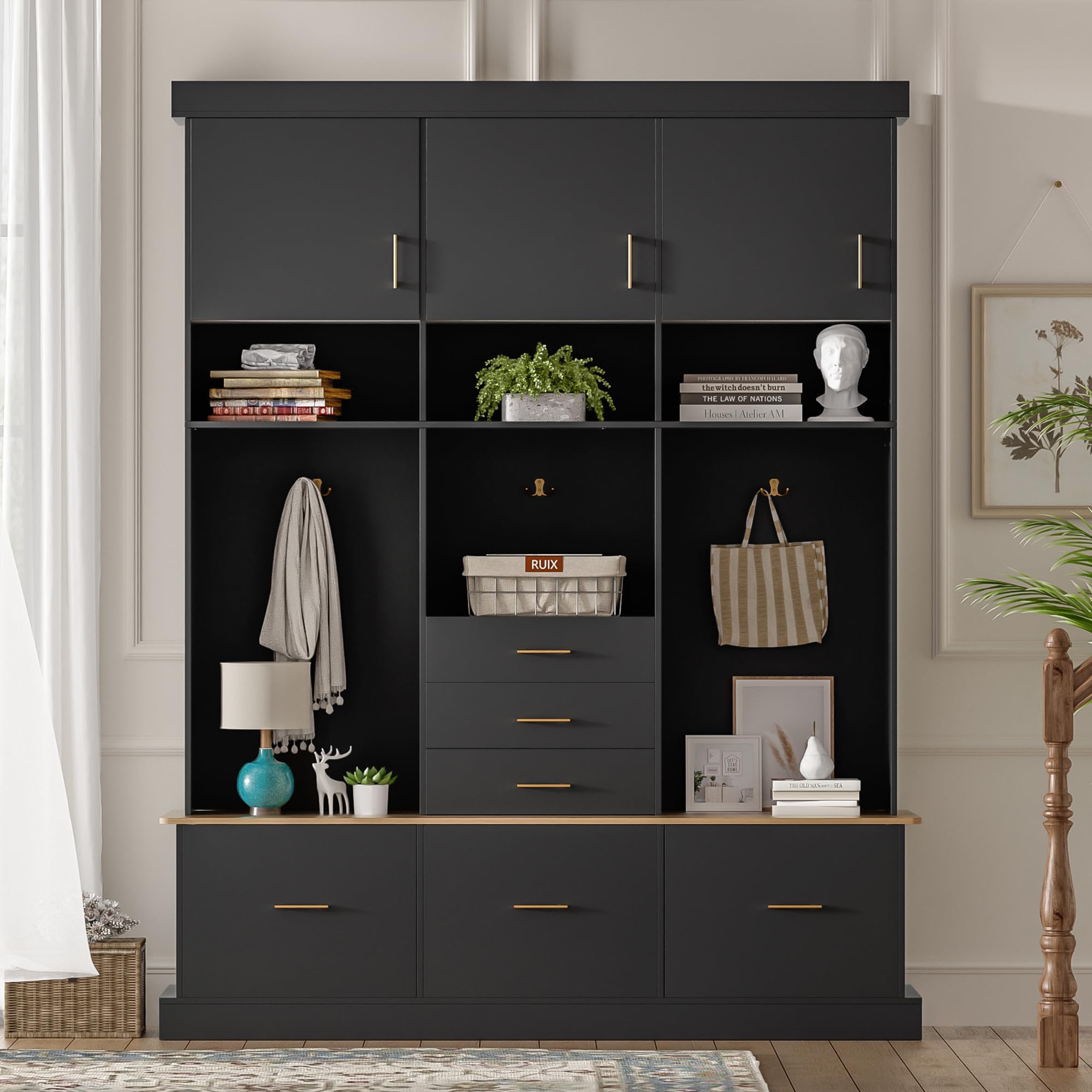 75'' H Entryway Hall Tree with Bench, 5-in-1 Modern Hall Tree with Coat Rack &6 Drawers&3 Cabinets &3-Tier Top Storage, Mudroom Shoe Storage Seating Cabinet for Hallway, Living Room, Black