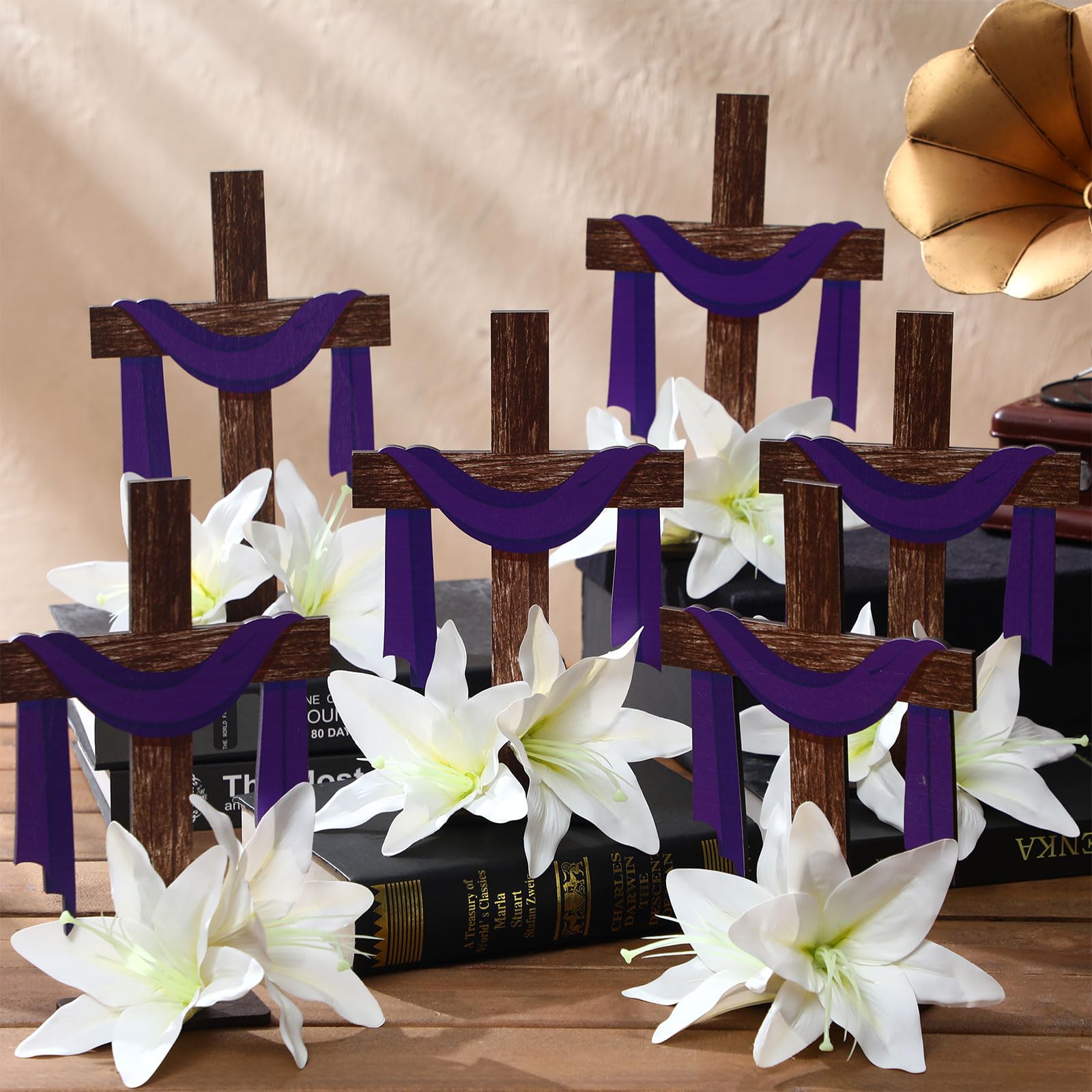 DoubleFill 6 Pcs First Communion Centerpieces,Wooden Cross Baptism Centerpieces for Tables Christening Decorations with Base Purple Scarf 12 Lily Artificial Flowers for First Communion Wedding