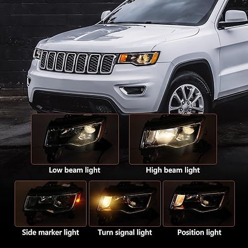 Miniatura 3 de FIONE Conjunto de faros delanteros halógenos compatible con Jeep Grand Cherokee 2017 2018 2019 2020 2021 repuesto con carcasa cromada, color blanco,