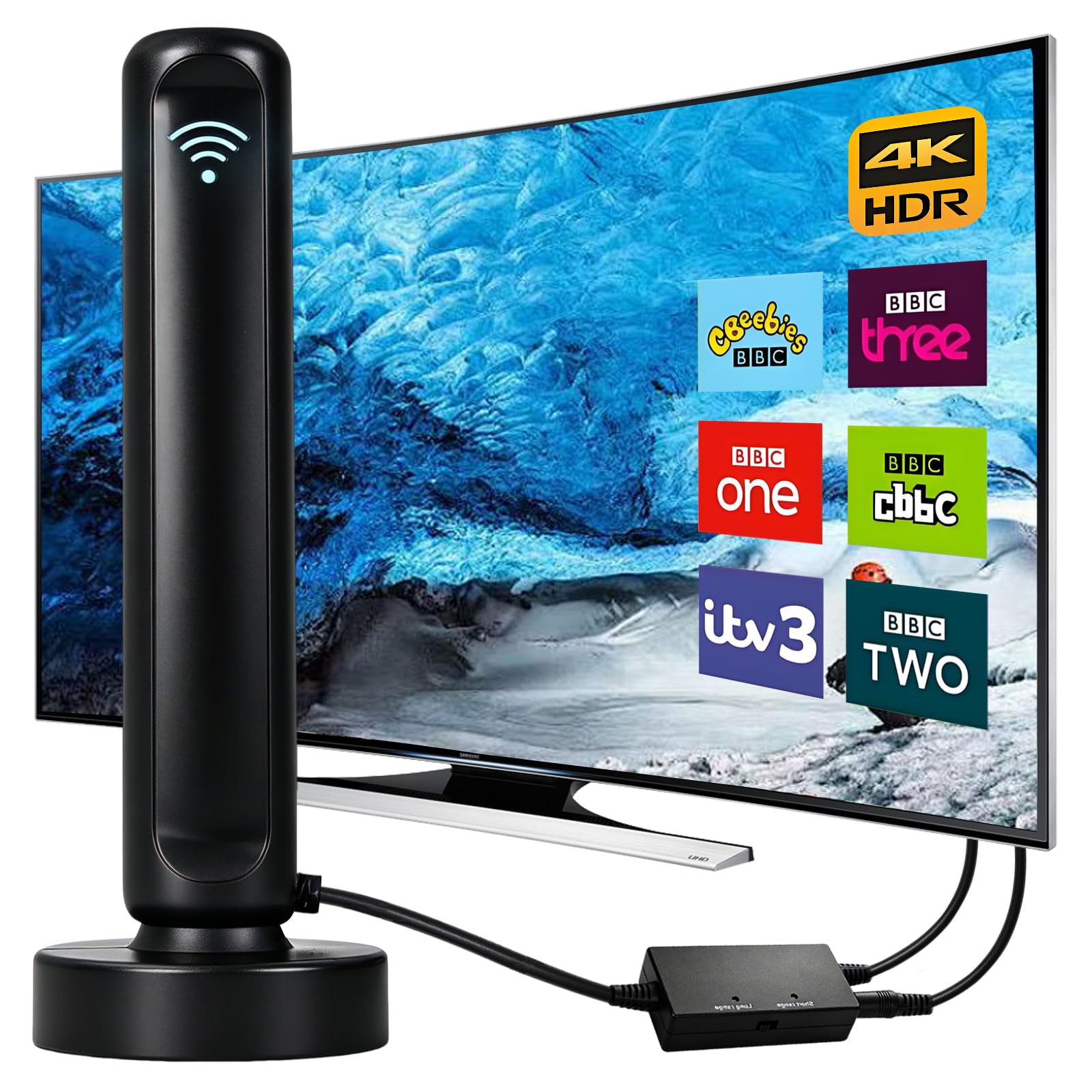 DVB-T2 Antenne mit Verstärker für Innen, Zimmerantenne DVB-T2 mit Verstärker für Fernseher, TV Antenne 4K UHD Full HD, 360° Empfang bis 500 km, kostenlose Sender