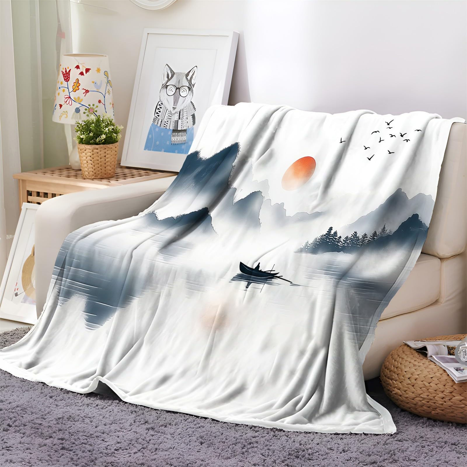 Couverture plaid polaire bateaux paysage grand format 200x200 microfibre