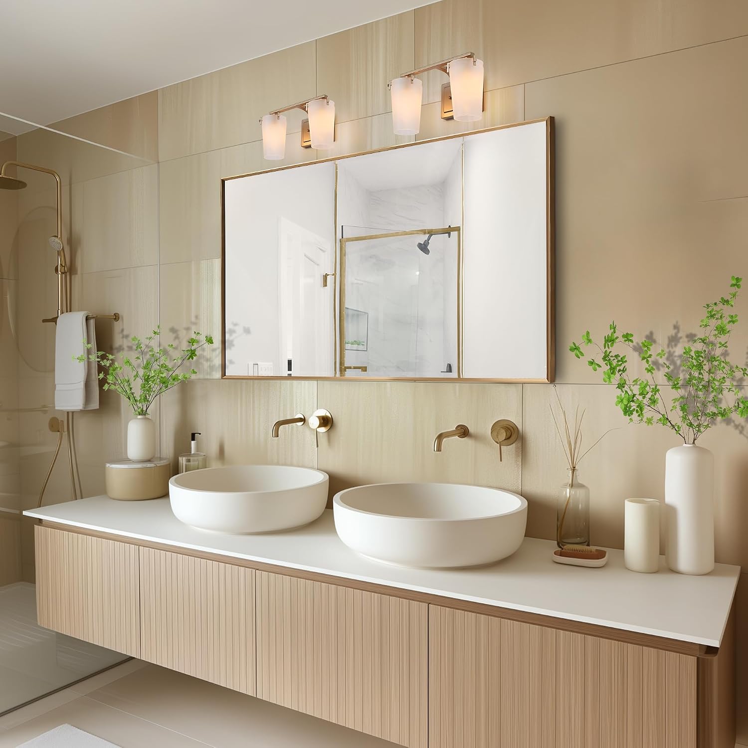 Gold Bathroom Vanity Lights, 2 Light Frosted Glass Bathroom Light Fixtures Over Mirror Modern Bedroom Wall Mount Sconce for Kitchen, Hallway