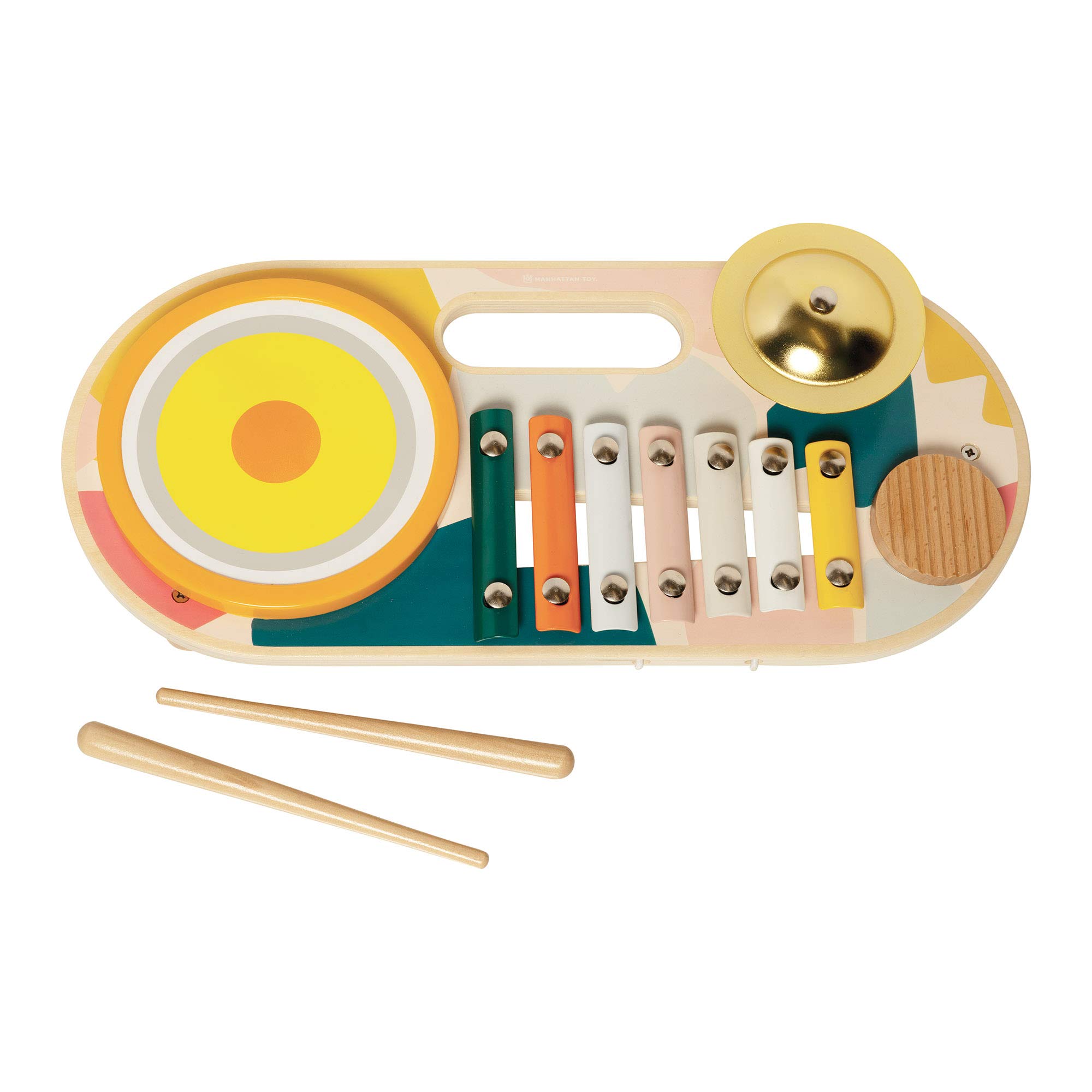 Beats to Go Juguete de aprendizaje musical de madera para niños pequeños y preescolares xilófono, tambor, platillo y tabla de lavar 4