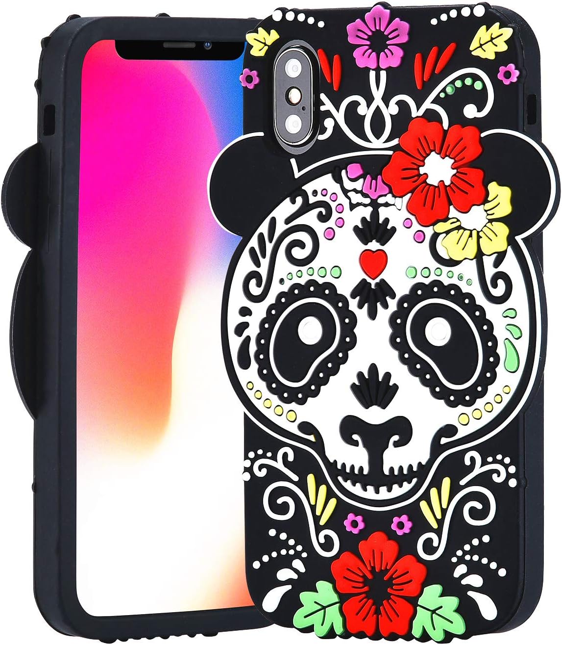 TopSZ Ghost Panda Case for iPhone Xs Max 6.5",Cute Floral Silicone 3D Cartoon Cool Kawaii Animal Flower Graffiti Cover,Soft Rubble Skin Funny Unique Character Cases for Kids Girls Teens boy XsMax