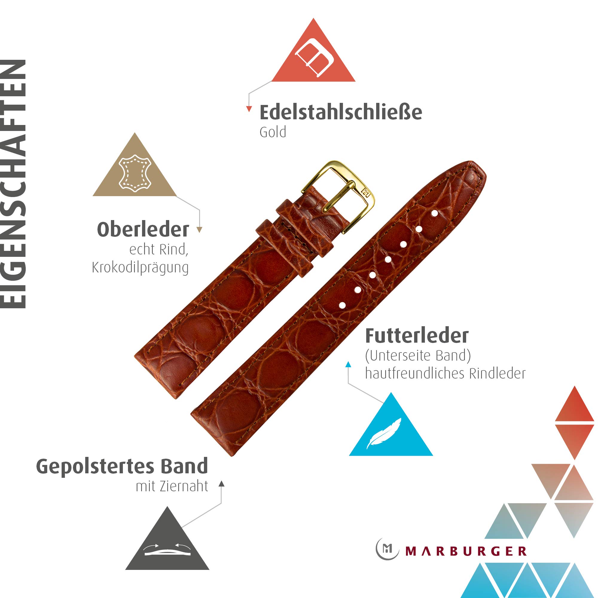 MARBURGER Uhrenarmband 18mm Leder Kroko (Caiman) Prägung Mit Naht - Werkzeug Montage Set 52918