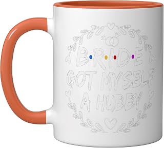 Bride Got Myself A Hubby Wedding Rings Ceramic Mug, Orange/White