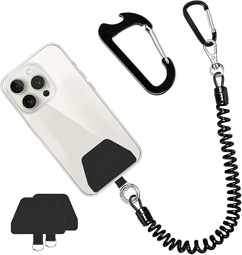 Doormoon Phone Lanyard Tether with Patch*2, Carabiner*1, Bottle Opener Carabiner*1, Stretchy iPhone Lanyard Anti Theft Phone Strap for Anti-Drop Outdoor Compatible for iPhone Most Smartphones, Black