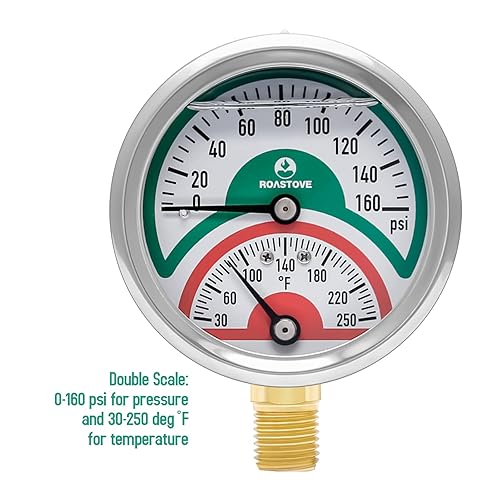 Miniatura 5 de Roastove Tridicator, Termomanómetro, 2-12 pulgadas, lleno de aceite de silicona, 0-160 psi30-250 grados F, carcasa de acero inoxidable, manómetro de