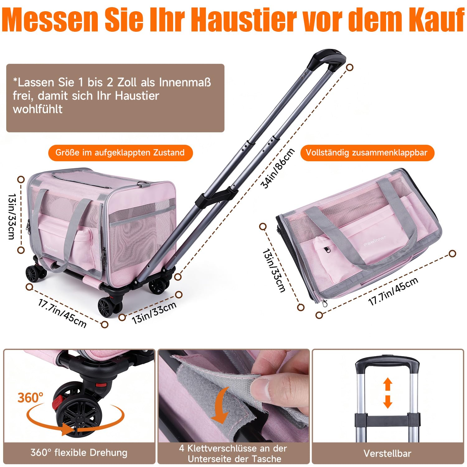 Trasportino con ruote, per gatti e cani fino a 9 kg, 45 x 30 x 30 cm, in tessuto Oxford 600D, pieghevole e traspirante, a prova di esplosione, per viaggi, auto, veterinario e aereo, rosa