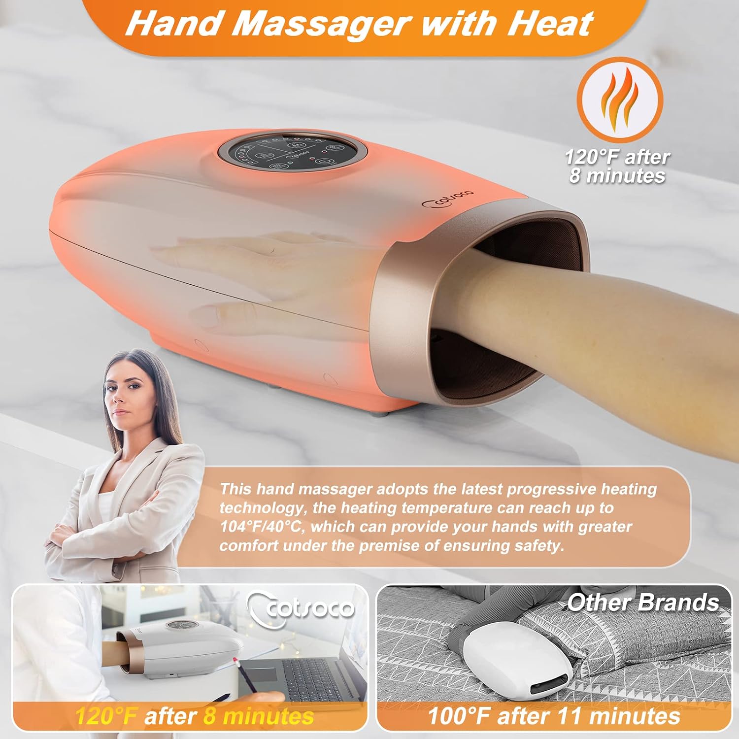Hand massager with heat function, showing a hand inserted and the device glowing orange to indicate warmth.