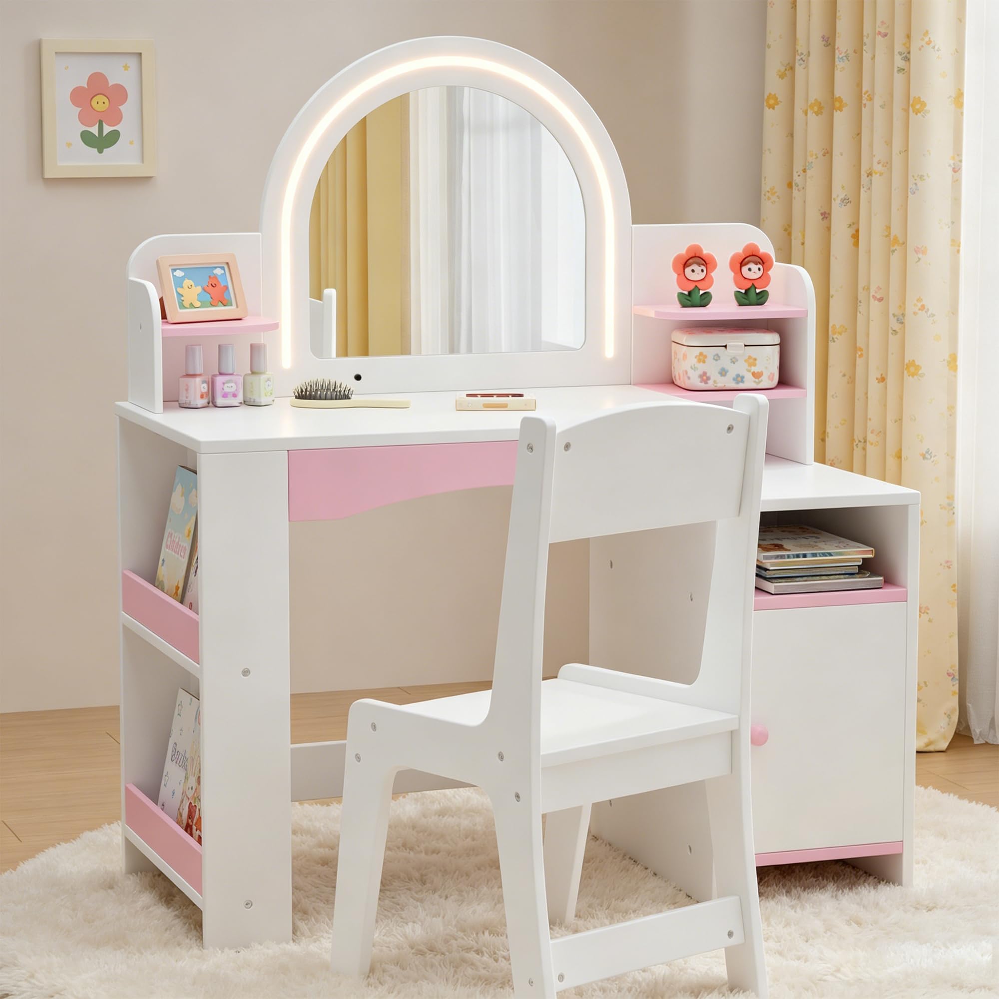 Xilingol Kids Vanity Table and Chair Set,Wooden Dressing Tables with Lighted Mirror,2-Tier Bookshelf,Storage Cabinet & Shelves,2-in-1 Pretend Play Vanity for Little Girls,White — image 1