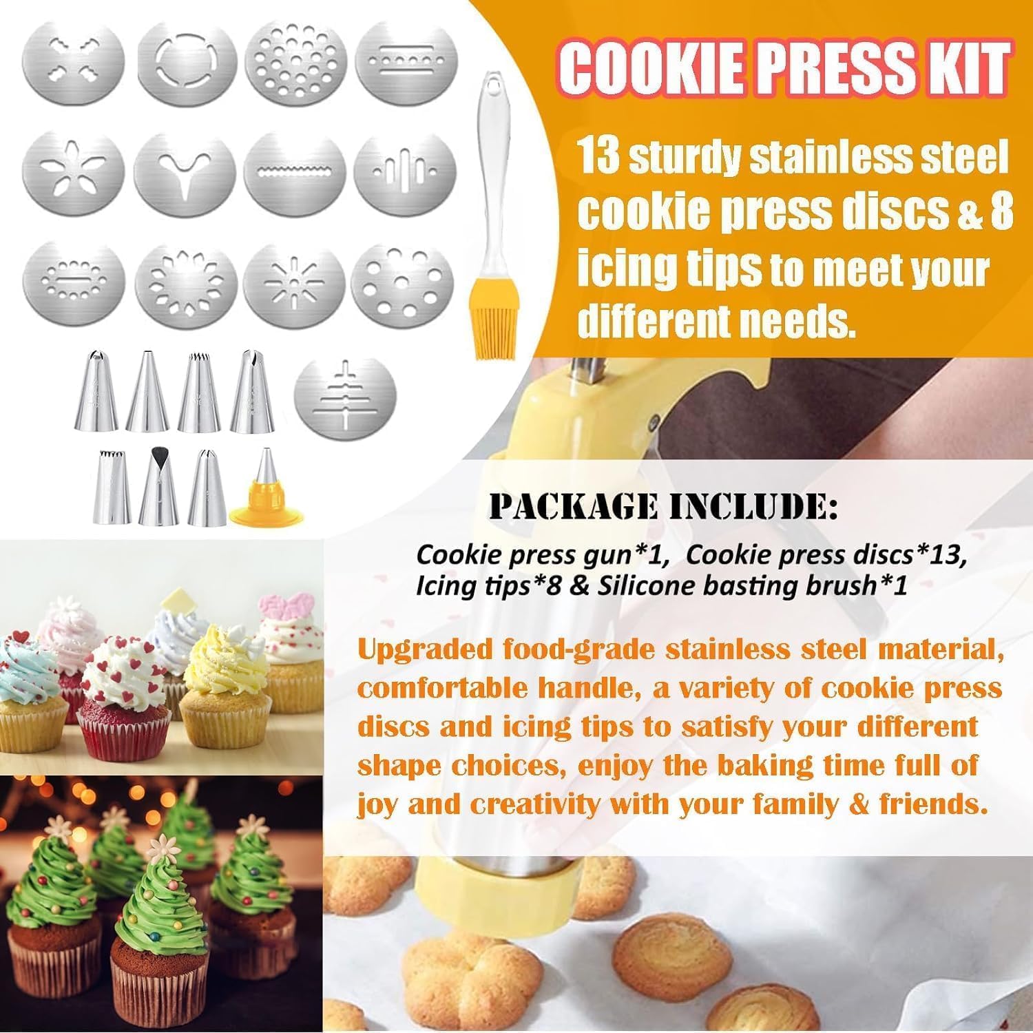 Pistola per Biscotti in Acciaio Inossidabile, Dischi per stampi per Biscotti Strumenti per Decorare Torte con 8 ugelli per tubazioni e 13 Dischi per Biscotti, Kit per Biscotti