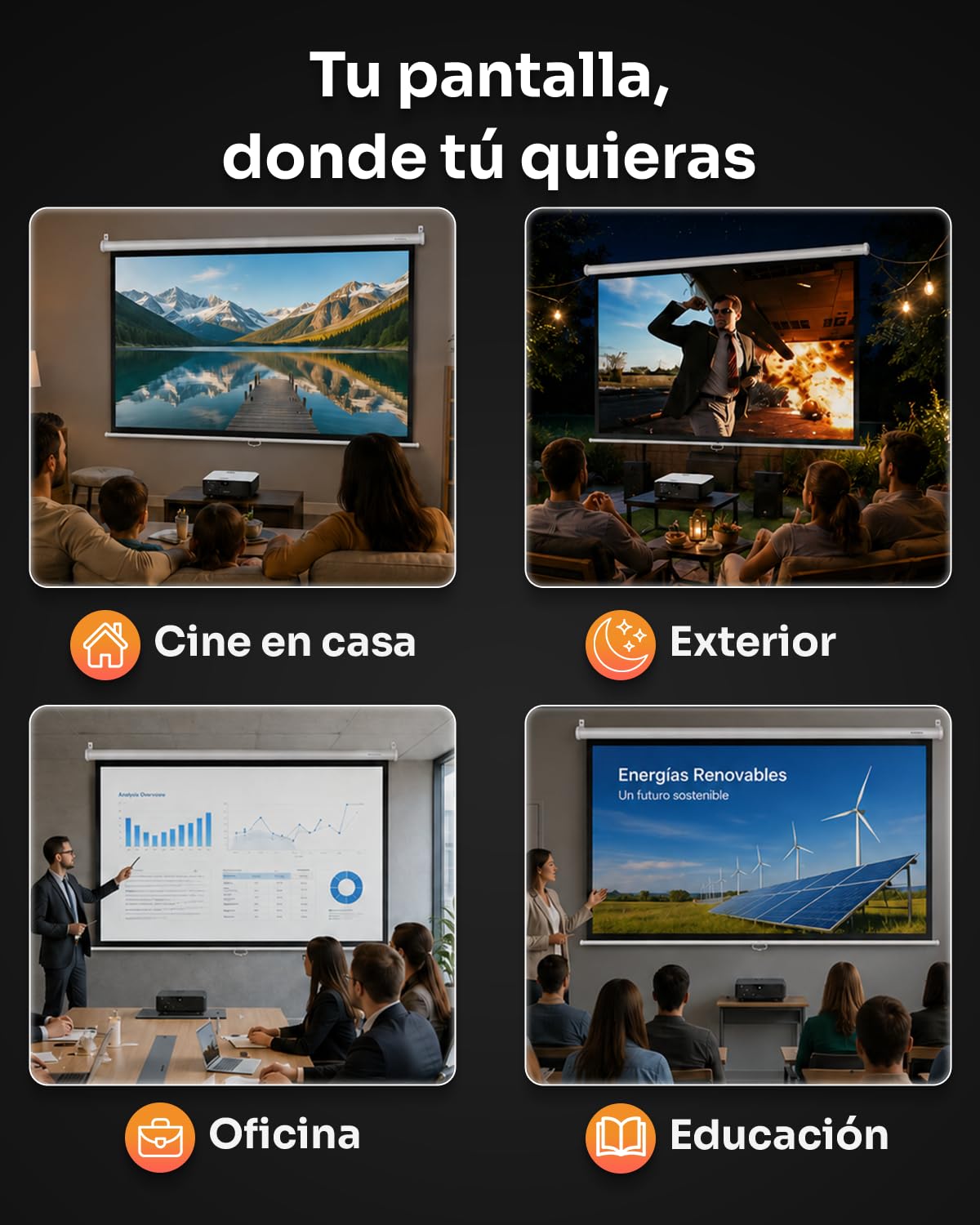 MARCTANI Pantalla Proyector Enrollable 84 Pulgadas 4:3 y 16:9 - Pantalla para Proyector de Pared y Techo, Tela 3 Capas Anti-Luz - Visible 165x124 cm, Cajetín 178 cm - Cine en Casa y Exterior