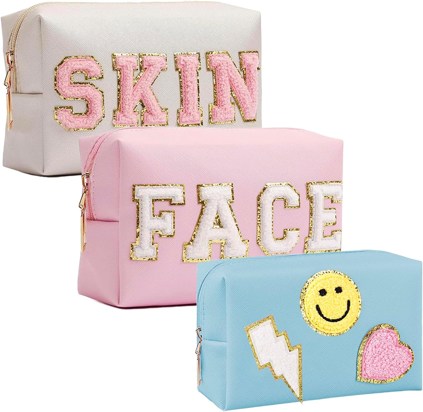 GEMLORD 3 Pieces Preppy Patch Makeup Bag, Small Chenille Letter Cosmetic Bag, PU Leather Waterproof Zipper Skin Care Toiletry Bags for Teen Girls, Portable Preppy Gift for Women(White, Blue, Pink)