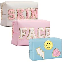 GEMLORD 3 Pieces Preppy Patch Makeup Bag, Small Chenille Letter Cosmetic Bag, PU Leather Waterproof Zipper Skin Care Toiletry Bags for Teen Girls, Portable Preppy Gift for WomenWhite, Blue, Pink