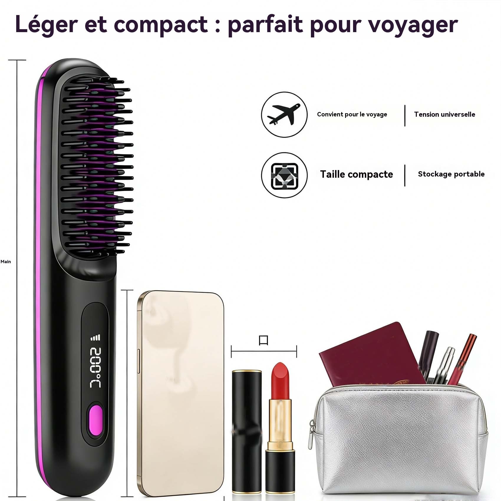 2026 Peigne Lissant Chauffant En CéRamique Sans Fil,Brosse Coiffante Pour Cheveux Courts,Cordless Ceramic Heated Hair Straightening Comb,Usb Rechargeable,3 Heat Settings & Led Screen (Black) - 5