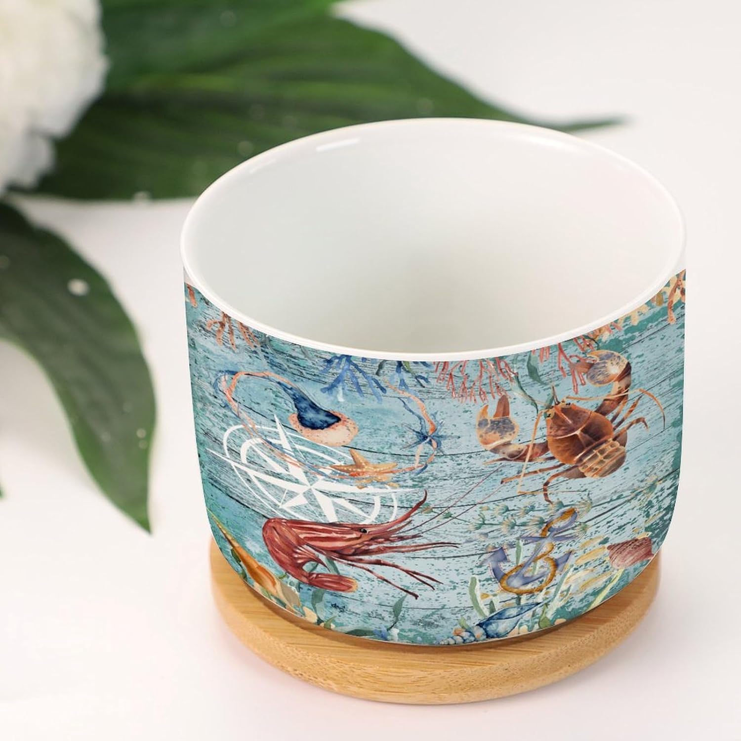 Anchor Ocean Animal Crab Jellyfish Lobster Small Ceramic Plant Pot Set of 3 Teal Blue Watercolor Underwater World Ceramic Plant Pot Beach Theme Ocean Succulents Plants Live with Pot