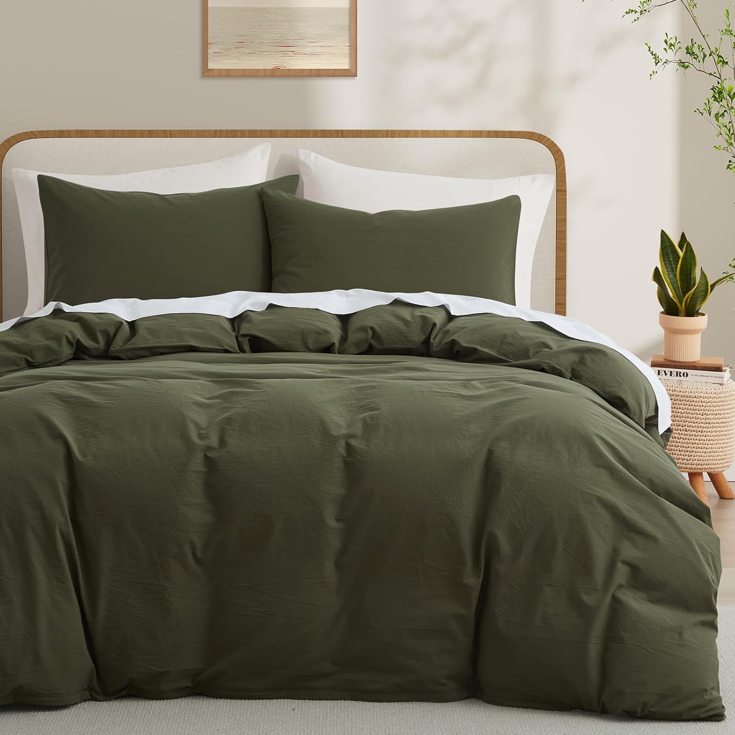 LOVQUE Olive Green Cotton Duvet Cover Twin Size, Linen Like Natural Bedding Set with Zipper Closure (No Comforter), 68x90 Inches Olive Green Twin