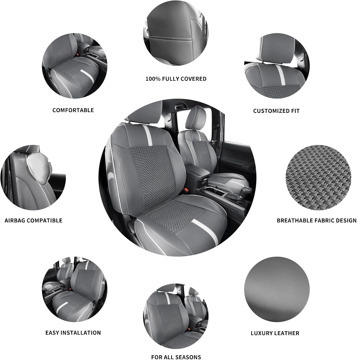 Seat Covers Custom Fit for Toyota Tacoma 2016-2023 3rd Gen Double & Crew Cab SR,SR5,Limited,TRD Pro,TRD Sport, TRD Off-Road,Full Coverage Breathable Leather Seat Covers (Full Set,Grey White)