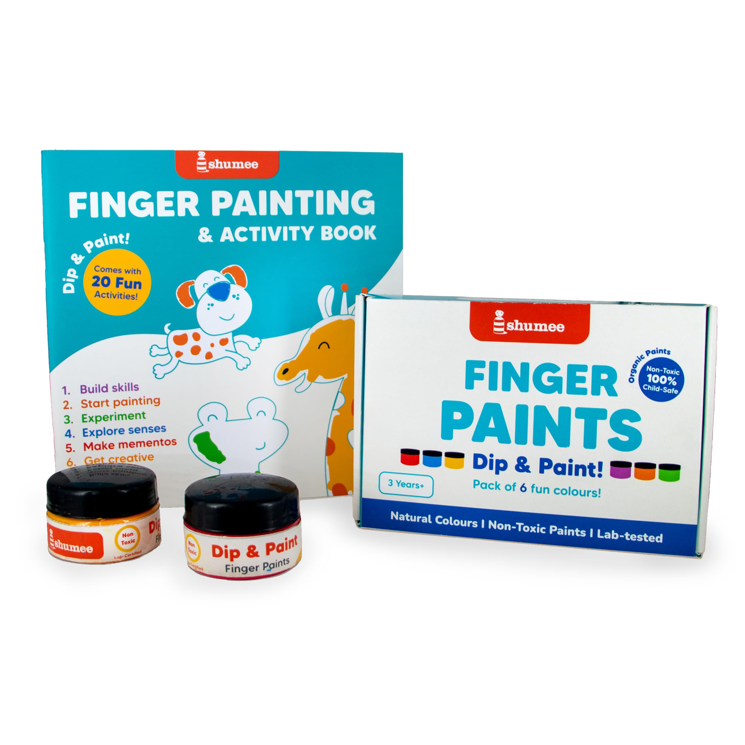 Shumee Finger Painting Kit | 6 Vibrant Colors & Art Book (20 pages) (3+ Years) | Washable, Non toxic & Child Safe | Art & Craft For Kids | Colouring Kit with 20 Pages of Activity Prompts & 20 Blank pages (B0D2L5VZBD) Amazon Price History, Amazon Price Tracker