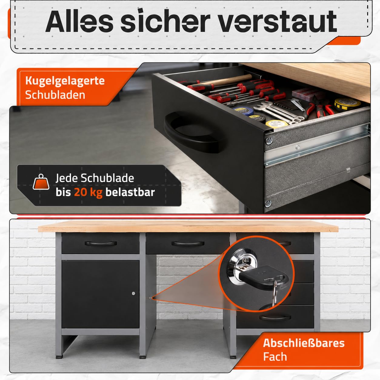 Ondis24 Werkbank 160 cm breit mit 6 kugelgelagerten Schubladen und Sitzplatzöffnung in der Mitte, Staufach mit großer abschließbarer Tür, Werktisch Montagewerkbank Werkstatttisch