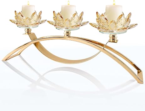 Tabletop Flower Crystal Candelabra with 3arm,Decorative Crystal Lotus Flower Candle Holder,Table Decor for Pillar candle1.5Gold
