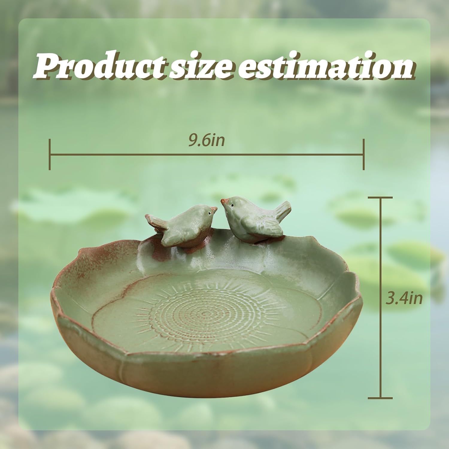 Green Ceramic Bird Bath Bowl - 9.45-Inch Ceramic Bird Baths for Outdoors, Durable Ground Bird Bath Bowl Ideal for Garden, Tabletop, Deck, Balcony & Lawn Use