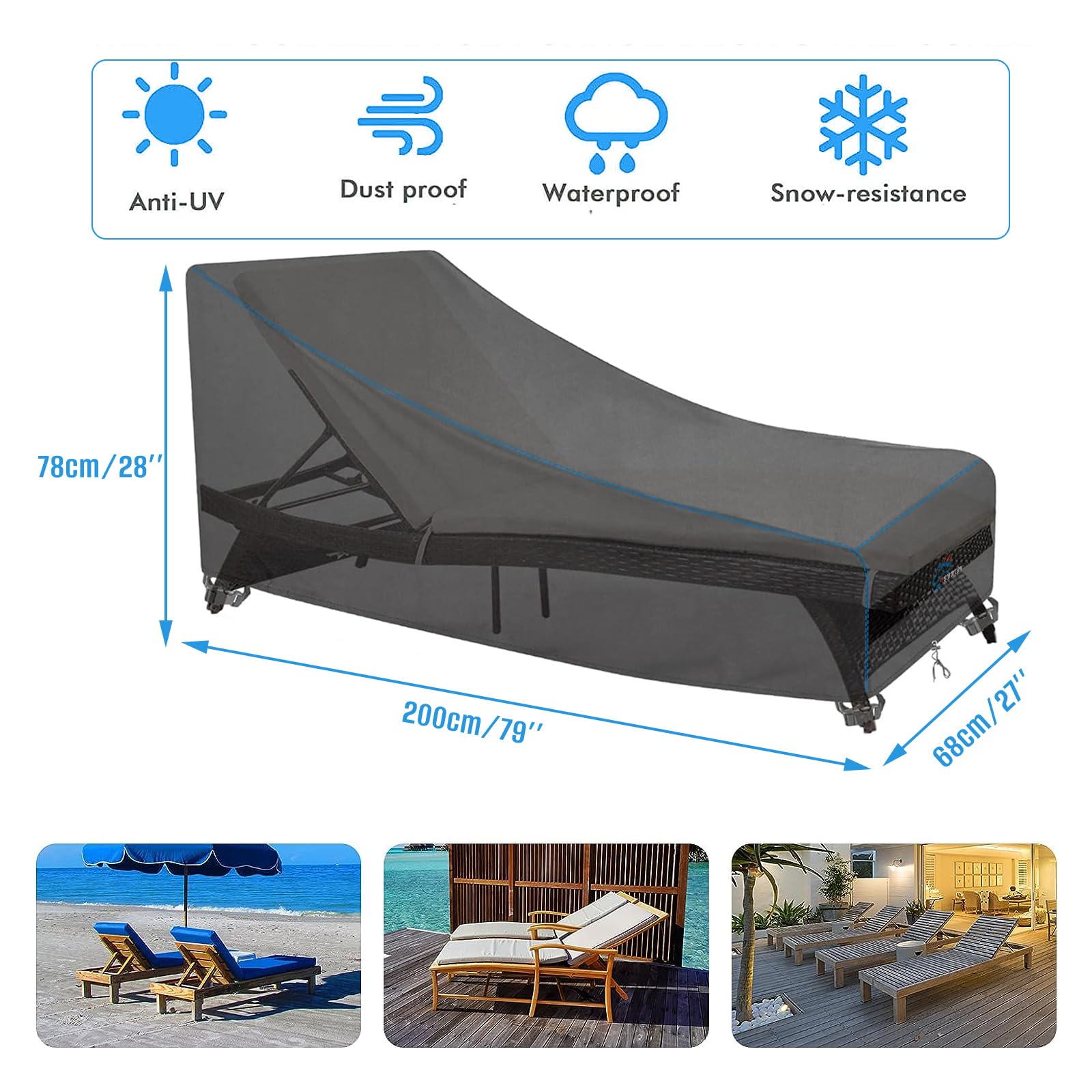 SIRUITON Housse de Chaise Longue Imperméable Housse Bain de Soleil Tissu Oxford 420D Noir (200x68x40/70CM)-2PCS