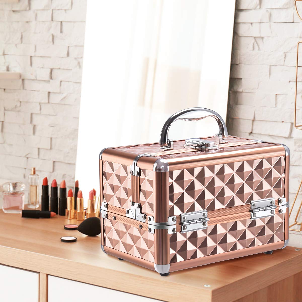 GIANTEX Kosmetikkoffer mit Spiegel, Beauty Make-up Case Schminkkoffer aus ABS und Aluminium, 2 ausziehbare Ablagen, ausklappbarer & tragbarer Etagenkoffer Friseurkoffer Multikoffer (Rosegold)