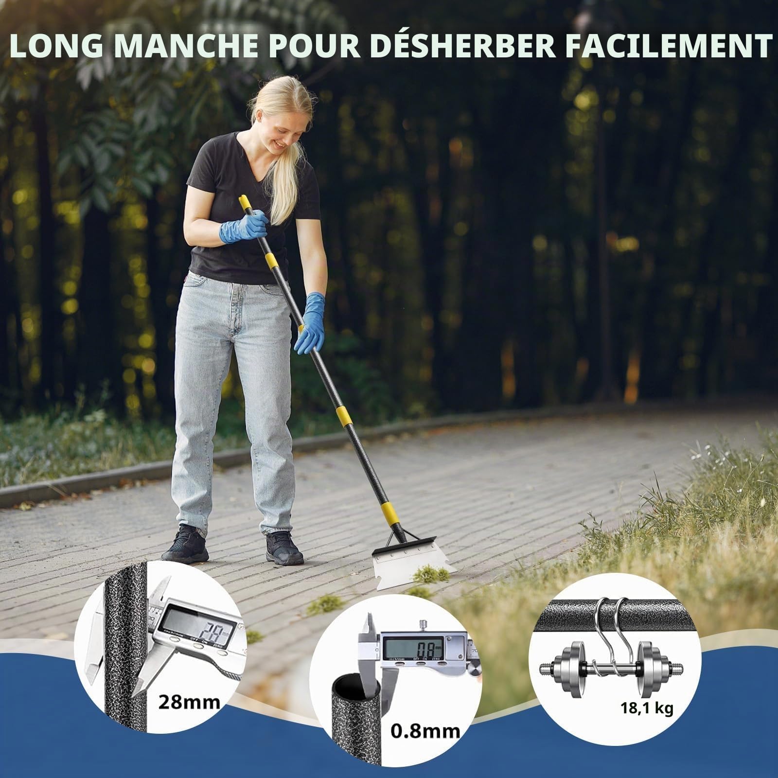 Pelle de nettoyage avec manche de 200 cm - Appareil de désherbage - Pelle de jardin plate multifonction - Pour désherber, gratter et enlever la glace