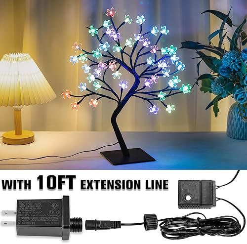 Miniatura 4 de BDUSXYZ Paquete de 2 árboles de cerezo iluminados, 48 LED, 16 colores cambiantes, 4 modos, enchufable, árbol bonsái artificial como luces nocturnas