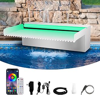 Waterfall Spillway Stainless Steel Pond Waterfalls with Color Changing LED Light, Outdoor Pool Fountain Water Feature Kit for Garden Patio Swimming Pool Koi Ponds Decor-12"x8"x4"
