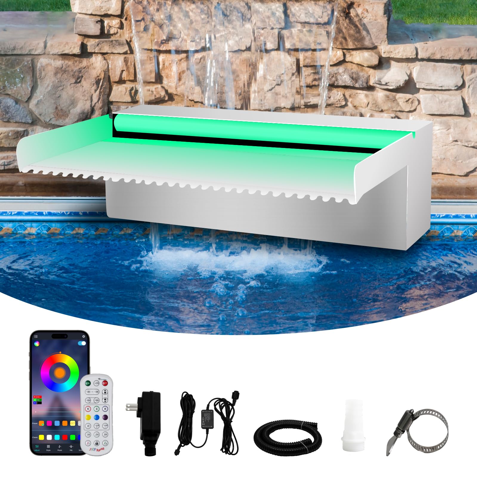 Waterfall Spillway Stainless Steel Pond Waterfalls with Color Changing LED Light, Outdoor Pool Fountain Water Feature Kit for Garden Patio Swimming Pool Koi Ponds Decor-12"x8"x4"