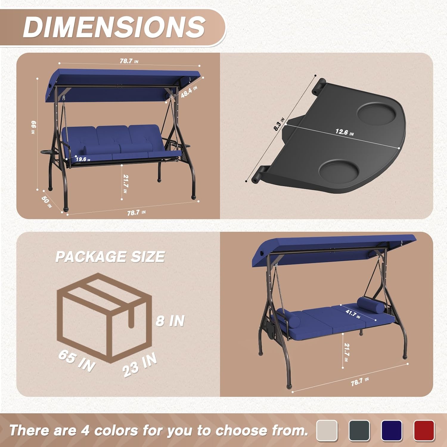 3 Seat Outdoor Porch Swing Bench, Adjustable Canopy Swing Chair, Convertible Backrest Swing Bed with Pillow & Cup Hold and Thicken Cushions, Dark Blue