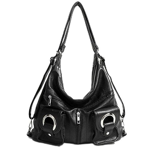 P. Atelier Women’s 3-in-1 Convertible Handbag – PU Leather Crossbody Bag, Shoulder Sling & Backpack Purse with Multiple Pockets, Large Capacity Travel & Everyday Fashion Bag (Black) - Black